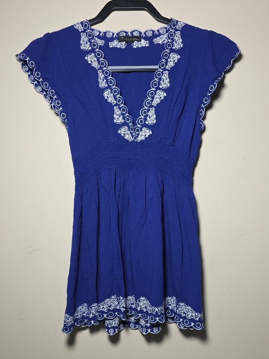 Twentyone Black Tops - Embroidered V-Neck Royal Blue Tunic Top Scallop Trim